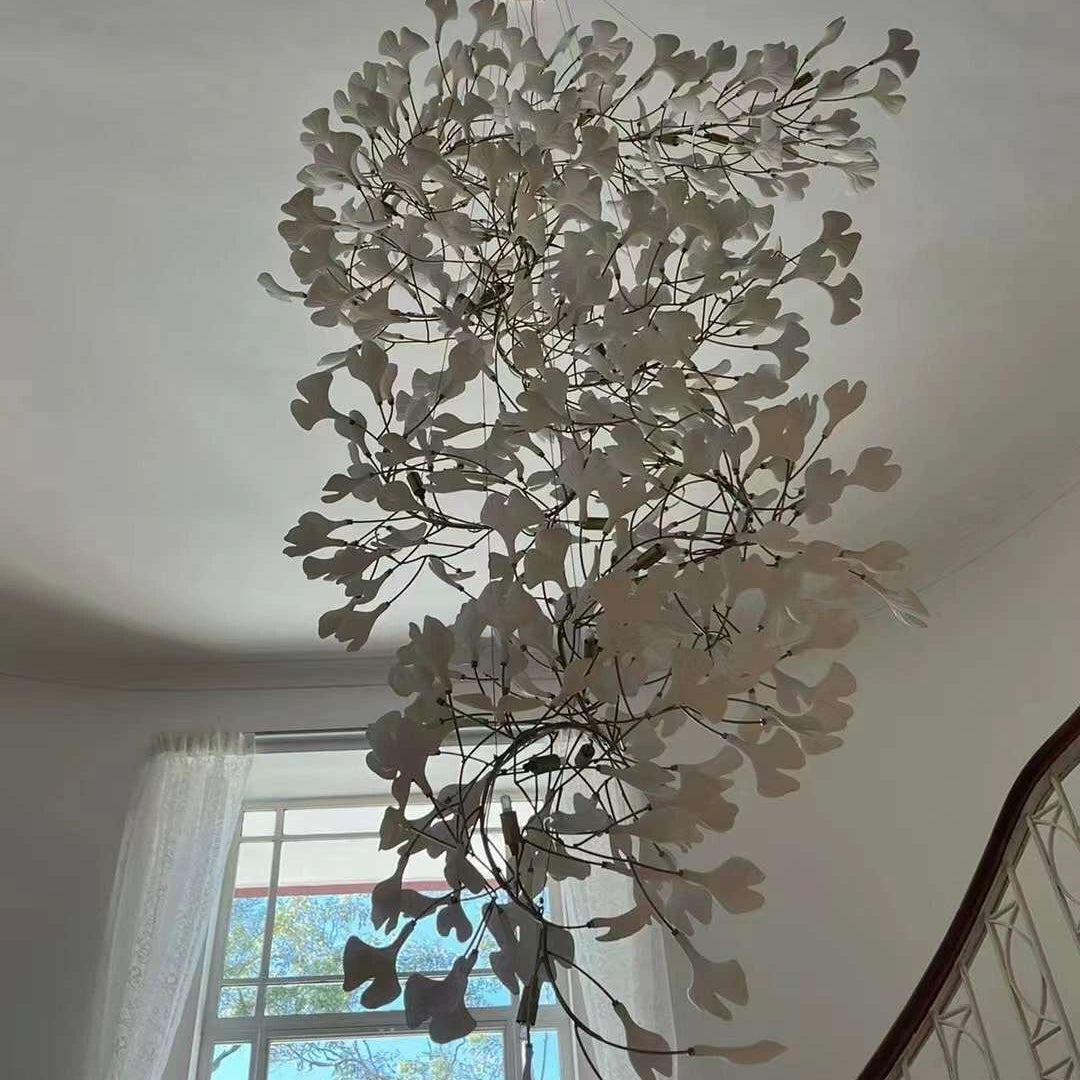Artistic Tree Branch Pendant Light with Ceramic Ginkgo Leaves for High Ceilings in Hotel or Home - D39.4"*H70.9"/ 16 Lights (288 Pieces)Warm LightBlushlighting