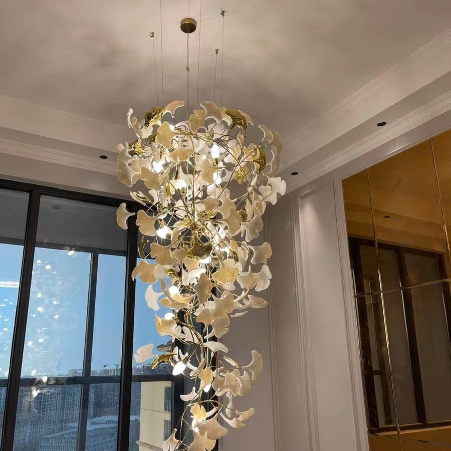 Artistic Tree Branch Pendant Light with Ceramic Ginkgo Leaves for High Ceilings in Hotel or Home - D39.4"*H70.9"/ 16 Lights (288 Pieces)Warm LightBlushlighting