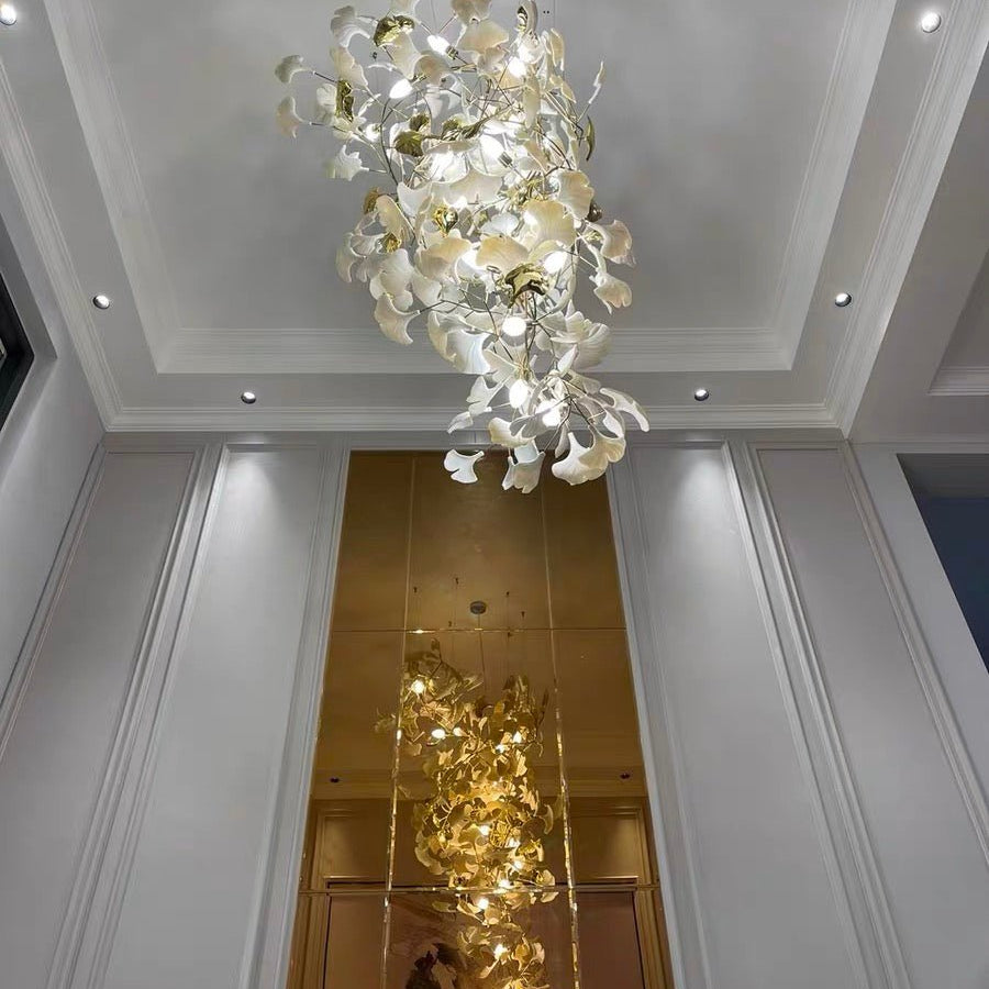 Artistic Tree Branch Pendant Light with Ceramic Ginkgo Leaves for High Ceilings in Hotel or Home - D39.4"*H70.9"/ 16 Lights (288 Pieces)Warm LightBlushlighting