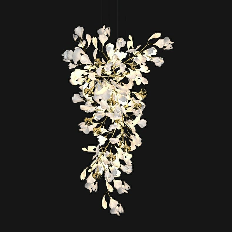 Artistic Tree Branch Pendant Light with Ceramic Ginkgo Leaves for High Ceilings in Hotel or Home - D39.4"*H70.9"/ 16 Lights (288 Pieces)Warm LightBlushlighting