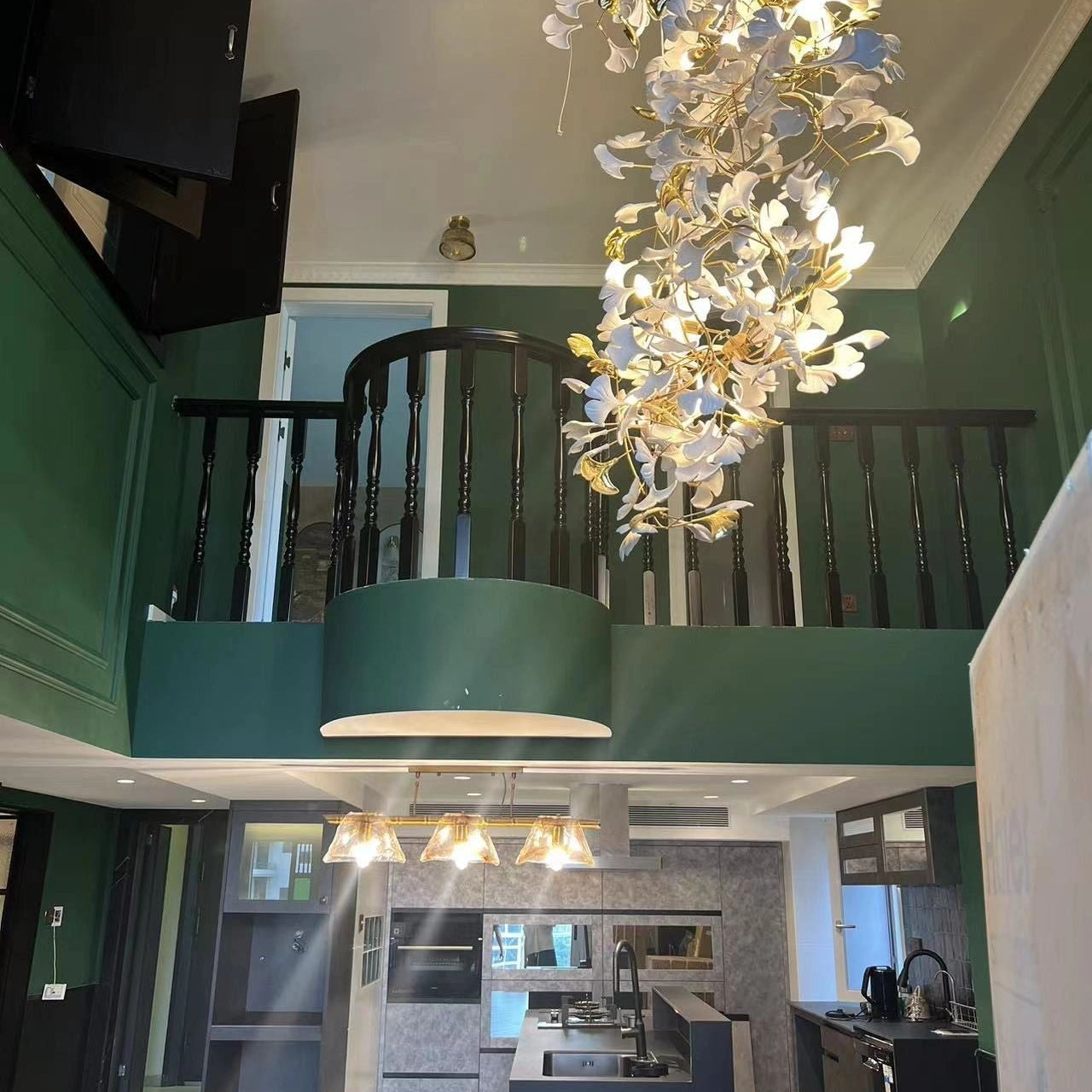 Artistic Tree Branch Pendant Light with Ceramic Ginkgo Leaves for High Ceilings in Hotel or Home - D39.4"*H70.9"/ 16 Lights (288 Pieces)Warm LightBlushlighting