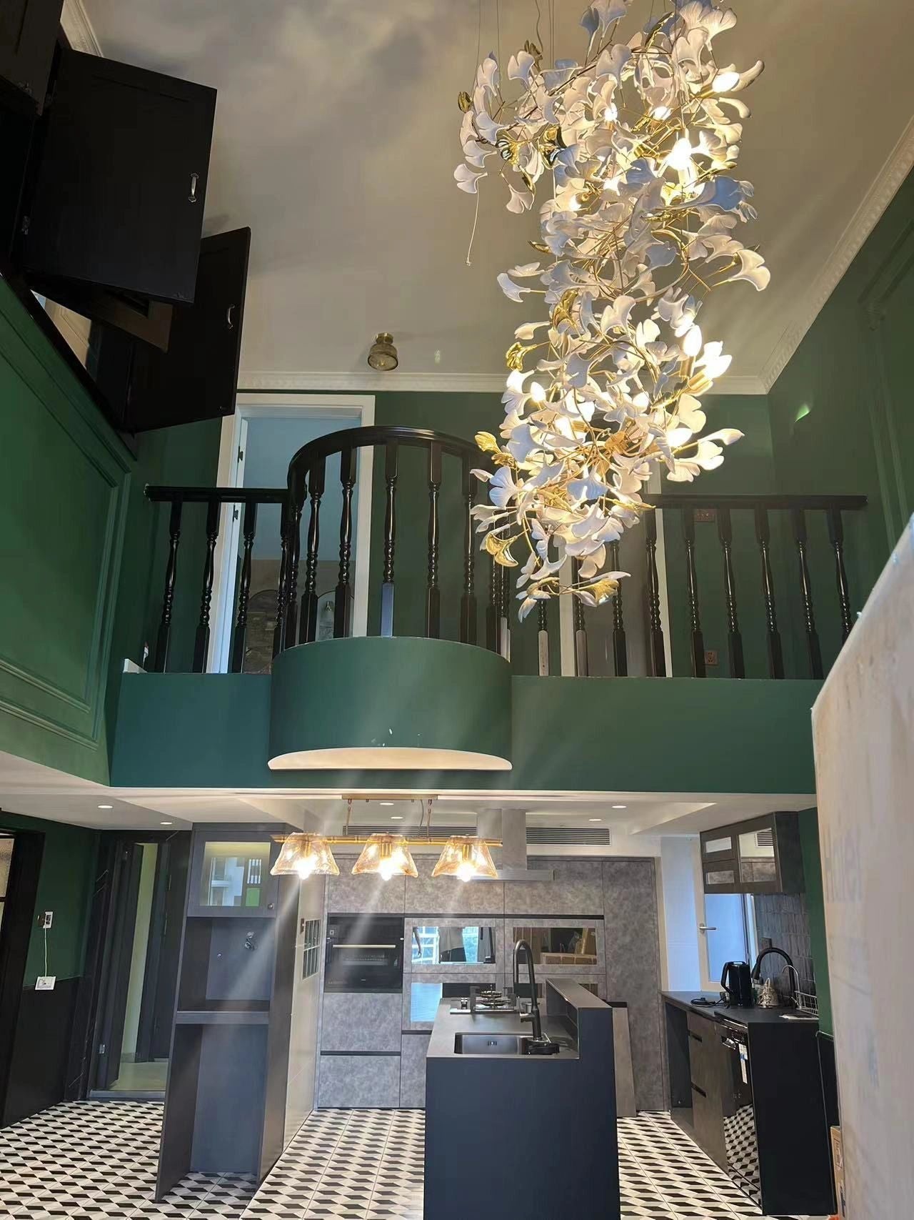 Artistic Tree Branch Pendant Light with Ceramic Ginkgo Leaves for High Ceilings in Hotel or Home - D39.4"*H70.9"/ 16 Lights (288 Pieces)Warm LightBlushlighting