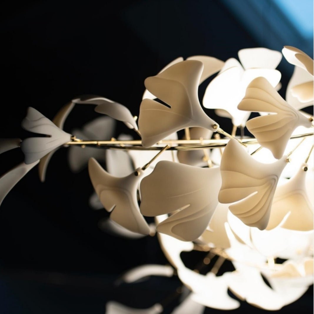 Artistic Tree Branch Pendant Light with Ceramic Ginkgo Leaves for High Ceilings in Hotel or Home - D39.4"*H70.9"/ 16 Lights (288 Pieces)Warm LightBlushlighting