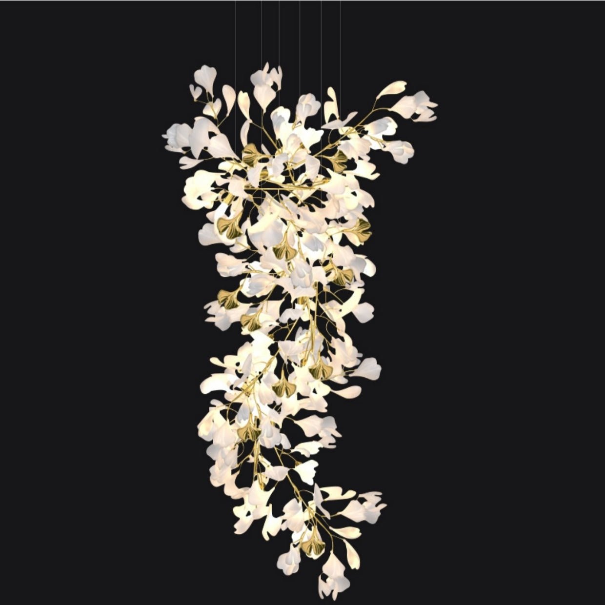 Artistic Tree Branch Pendant Light with Ceramic Ginkgo Leaves for High Ceilings in Hotel or Home - D39.4"*H70.9"/ 16 Lights (288 Pieces)Warm LightBlushlighting