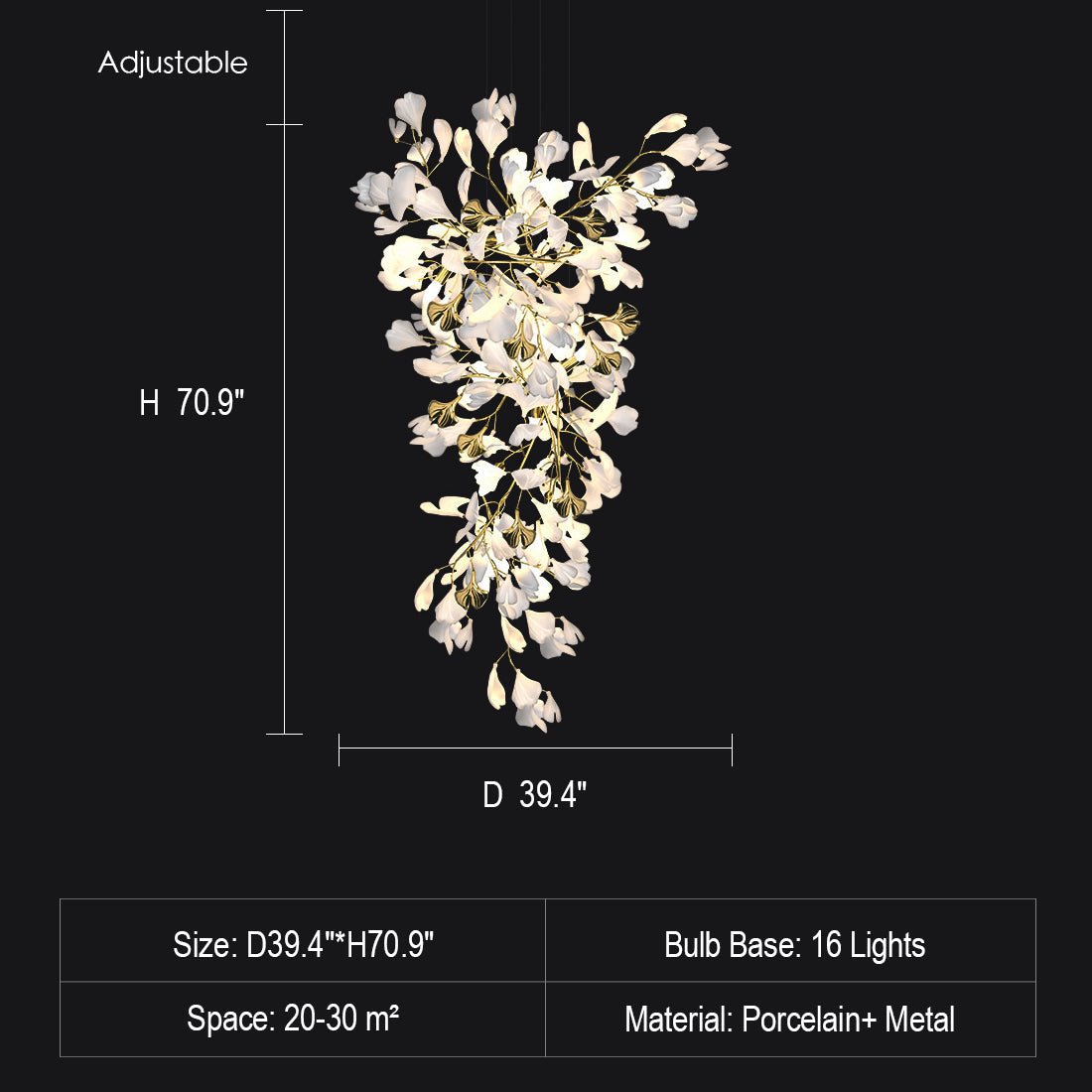 Artistic Tree Branch Pendant Light with Ceramic Ginkgo Leaves for High Ceilings in Hotel or Home - D39.4"*H70.9"/ 16 Lights (288 Pieces)Warm LightBlushlighting