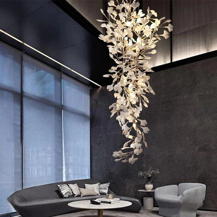 Artistic Tree Branch Pendant Light with Ceramic Ginkgo Leaves for High Ceilings in Hotel or Home - D47.2"*H118.1"/ 32 Lights (432 Pieces)Warm LightBlushlighting