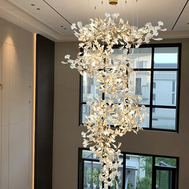 Artistic Tree Branch Pendant Light with Ceramic Ginkgo Leaves for High Ceilings in Hotel or Home - D59.1"*H157.5"/ 128 Lights (576 Pieces)/107kgWarm LightBlushlighting