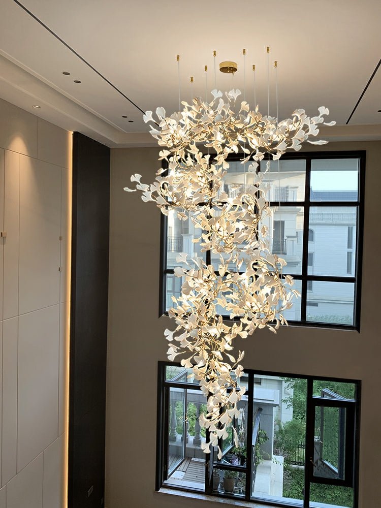 Artistic Tree Branch Pendant Light with Ceramic Ginkgo Leaves for High Ceilings in Hotel or Home - D59.1"*H157.5"/ 128 Lights (576 Pieces)/107kgWarm LightBlushlighting