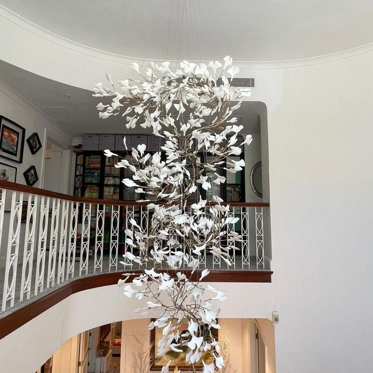 Artistic Tree Branch Pendant Light with Ceramic Ginkgo Leaves for High Ceilings in Hotel or Home - D59.1"*H157.5"/ 128 Lights (576 Pieces)/107kgWarm LightBlushlighting