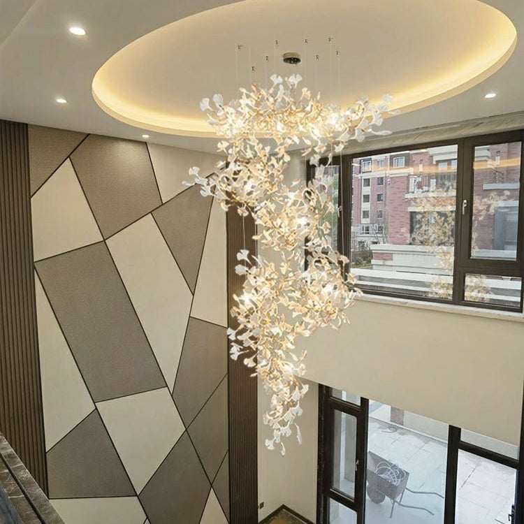 Artistic Tree Branch Pendant Light with Ceramic Ginkgo Leaves for High Ceilings in Hotel or Home - D59.1"*H157.5"/ 128 Lights (576 Pieces)/107kgWarm LightBlushlighting