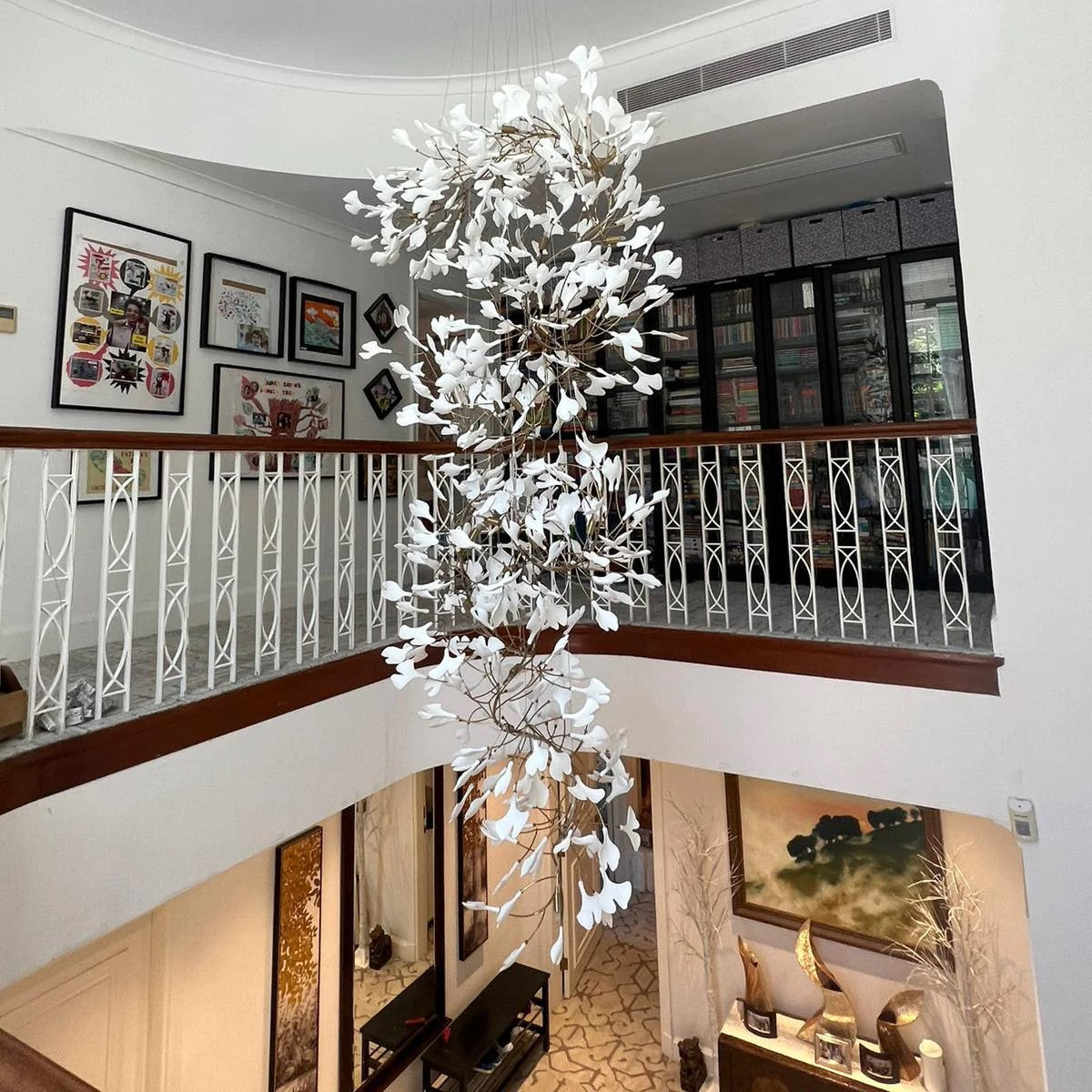 Artistic Tree Branch Pendant Light with Ceramic Ginkgo Leaves for High Ceilings in Hotel or Home-Chandeliers-Blushlighting