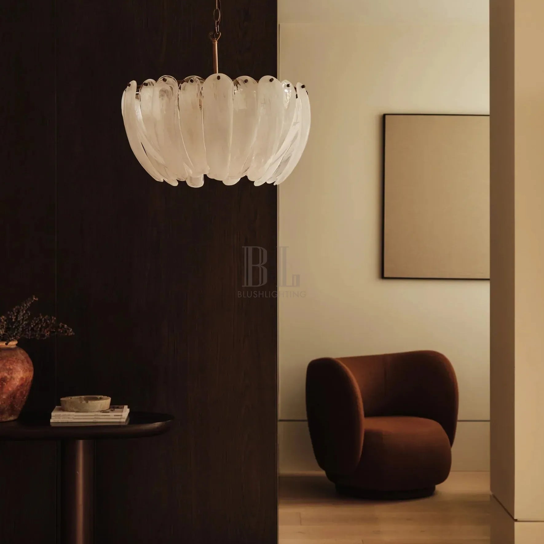 Astera - 4 light alabaster curved glass chandelier - Blushlighting