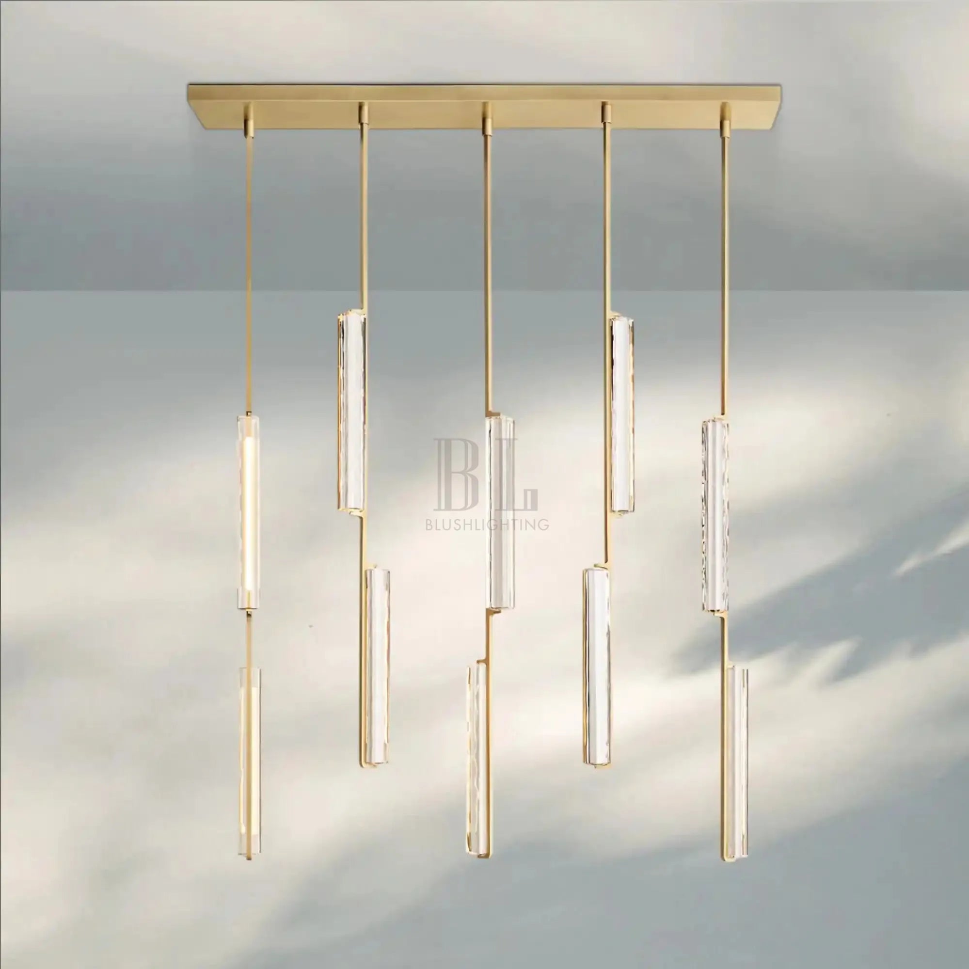 Auduban Crystal Linear Chandelier 54‘’-Lacquered Burnished Brass-