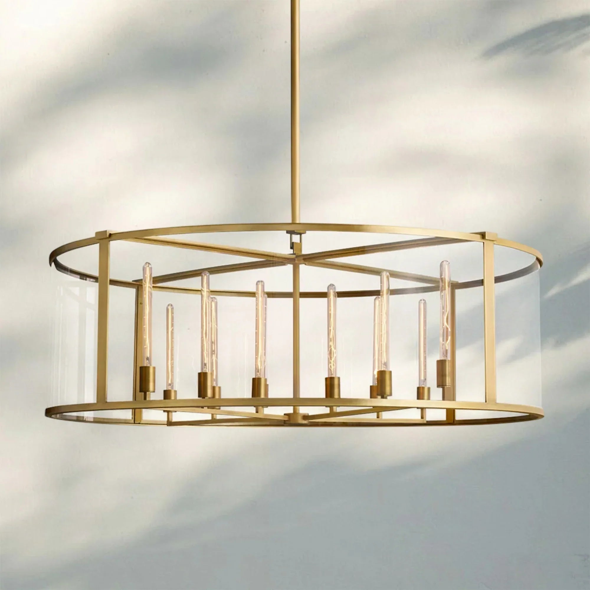 Beckmen Glass Lantern Modern Round Chandelier 33''44"55''-55‘’-Lacquered Burnished Brass-