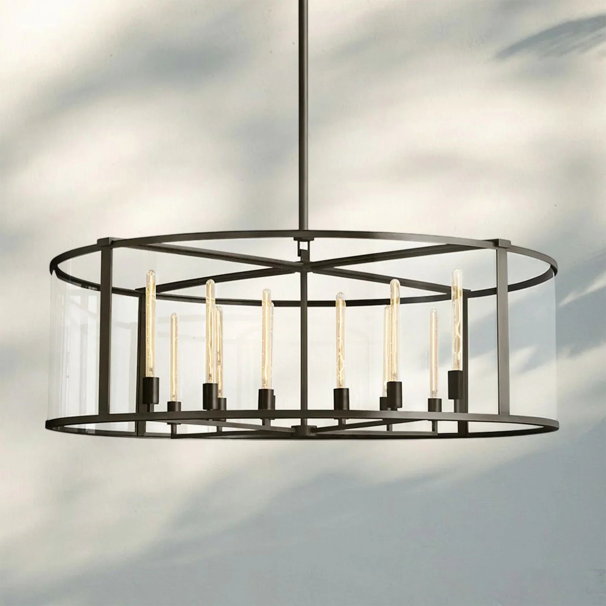 Beckmen Glass Lantern Modern Round Chandelier 33''44"55''-55‘’-Matte Black-