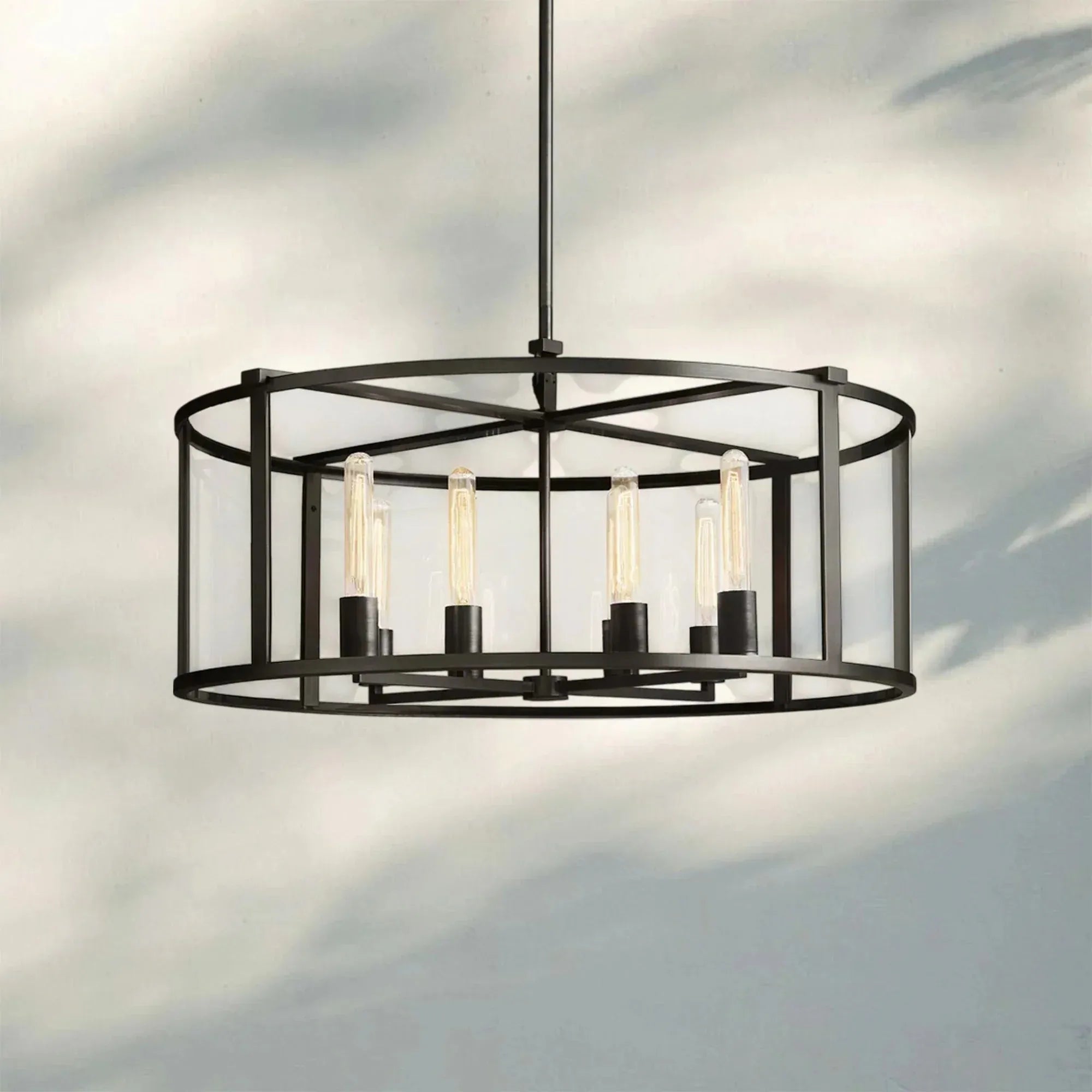 Beckmen Glass Lantern Modern Round Chandelier 33''44"55''-33‘’-Matte Black-