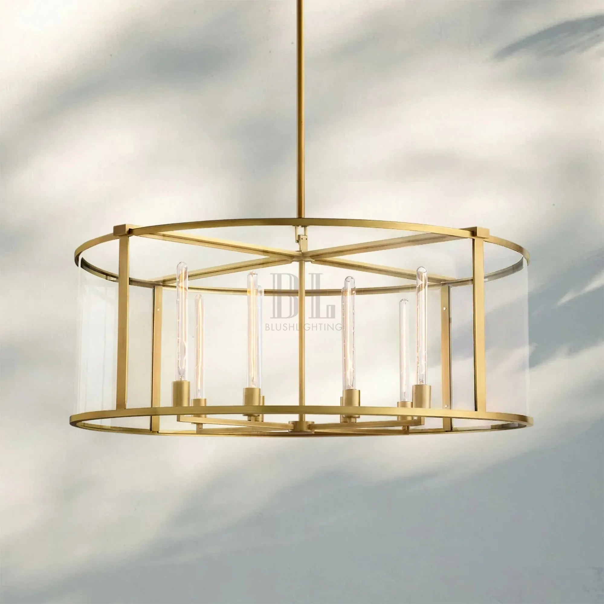Beckmen Glass Lantern Modern Round Chandelier 33''44"55''-44‘’-Lacquered Burnished Brass-