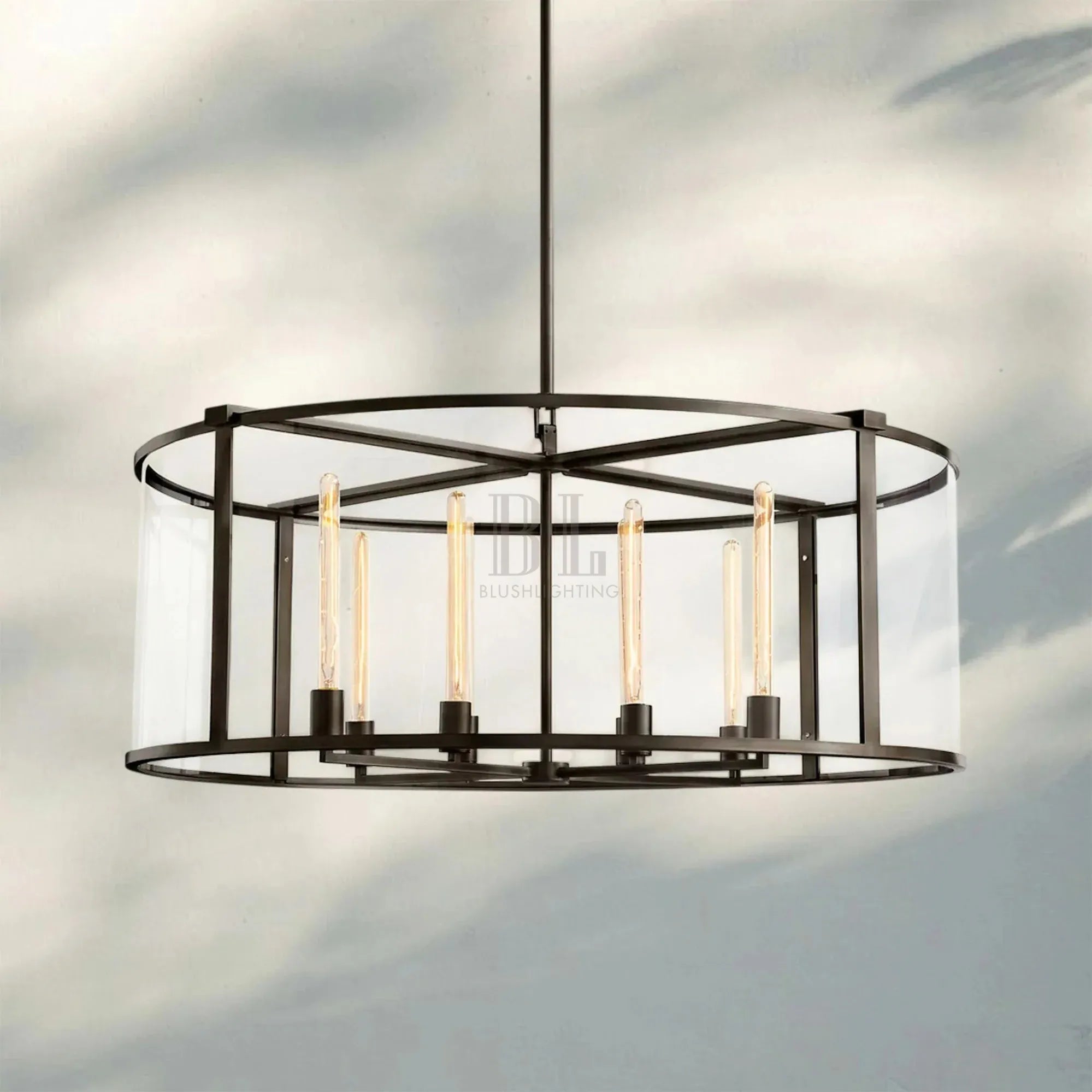 Beckmen Glass Lantern Modern Round Chandelier 33''44"55''-44‘’-Matte Black-