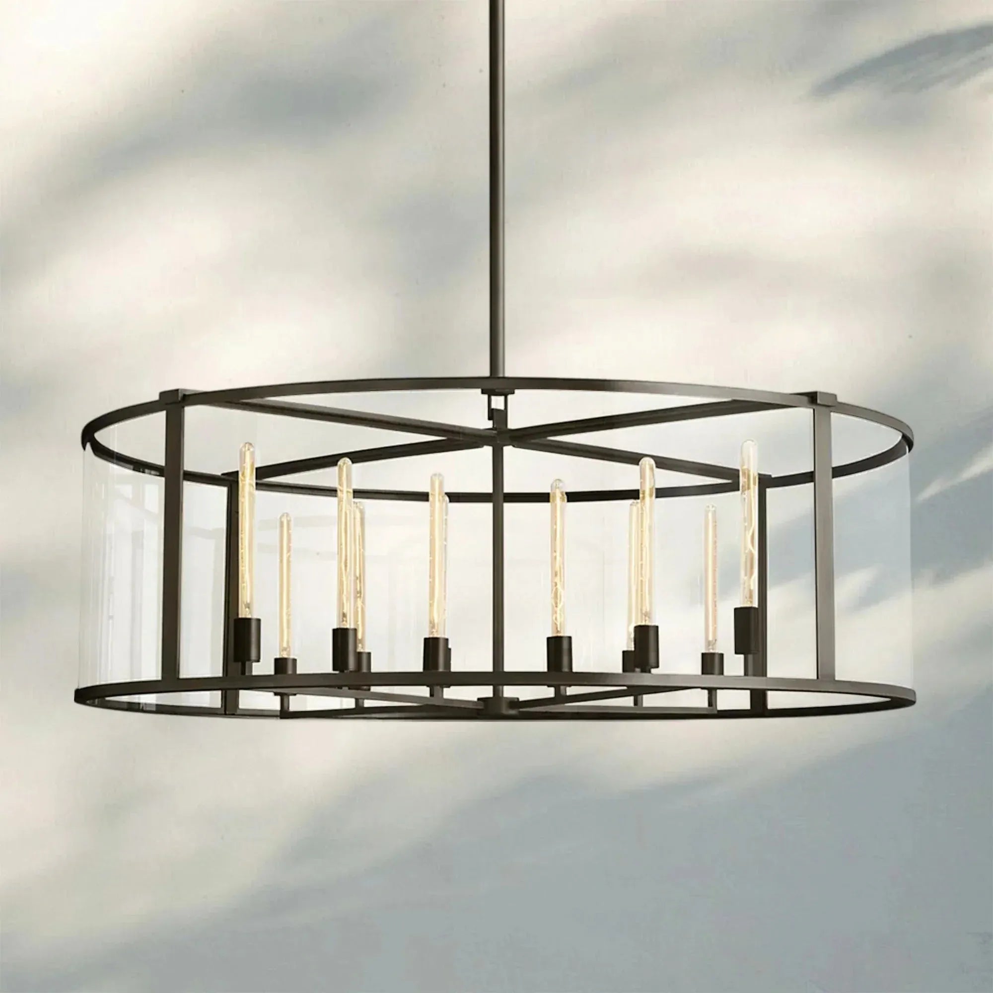 Beckmen Glass Lantern Modern Round Chandelier 33''44"55''-55‘’-Matte Black-