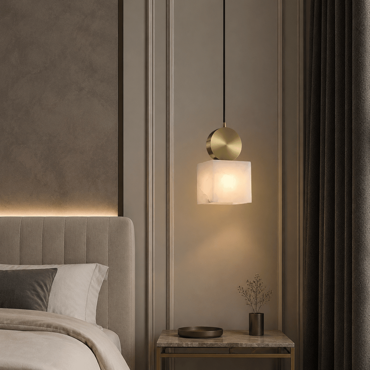 Bedroom Pendant Light | Spanish Alabaster Mid-Century Modern | Lunessa - squareØ4.72 × H9.06 inBlushlighting