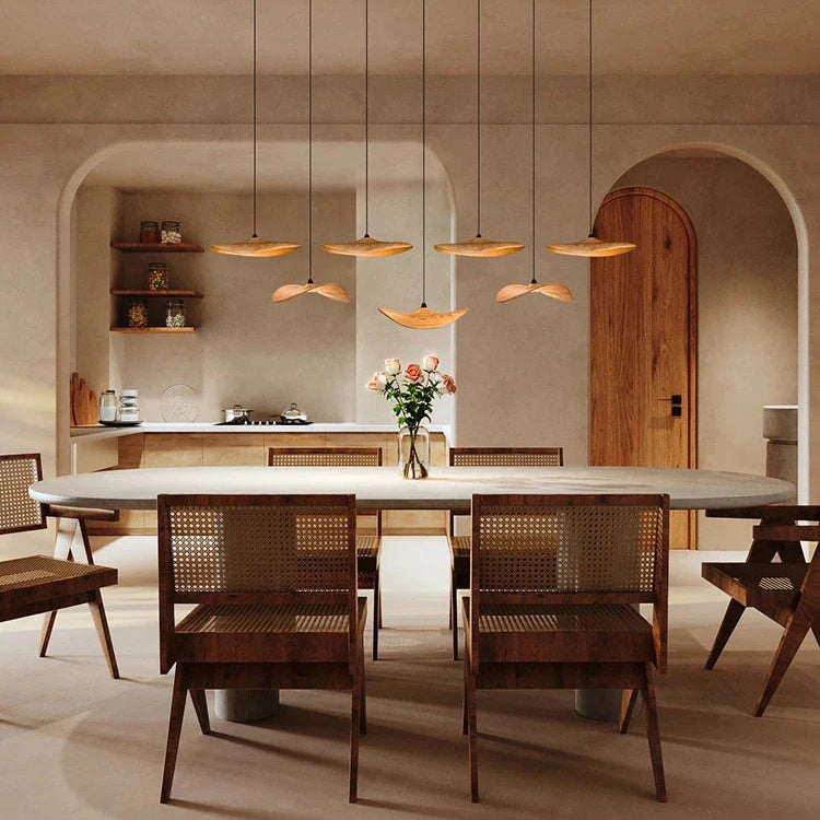 Bidi Multi Light Pendant Chandelier - Dark WoodLong 7 LightBlushlighting