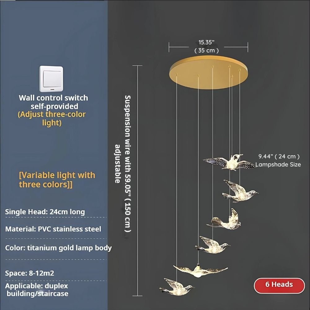 Bird Spiral Long Led Chandelier for Staircase and Foyer - Gold6 LightsCool white 6000KBlushlighting