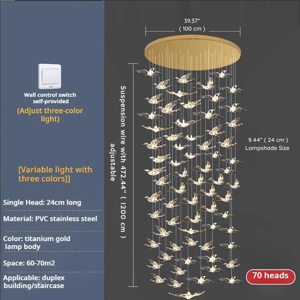 Bird Spiral Long Led Chandelier for Staircase and Foyer - Gold6 LightsCool white 6000KBlushlighting
