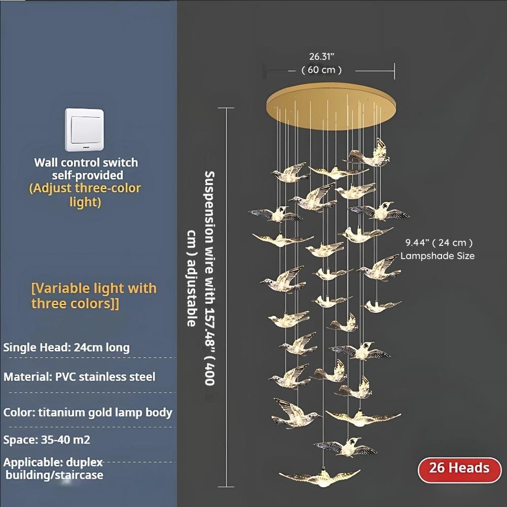Bird Spiral Long Led Chandelier for Staircase and Foyer - Gold6 LightsCool white 6000KBlushlighting