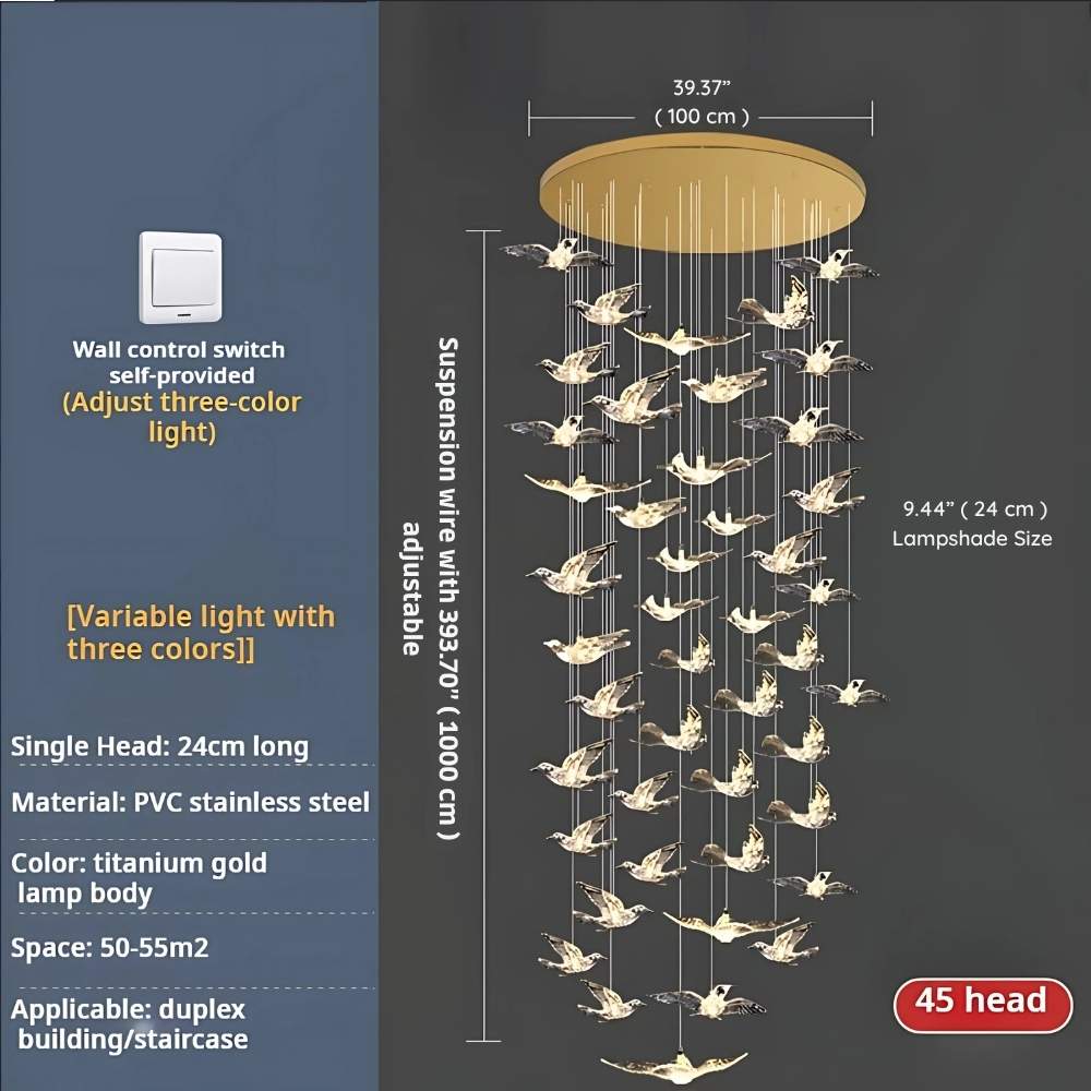 Bird Spiral Long Led Chandelier for Staircase and Foyer - Gold6 LightsCool white 6000KBlushlighting