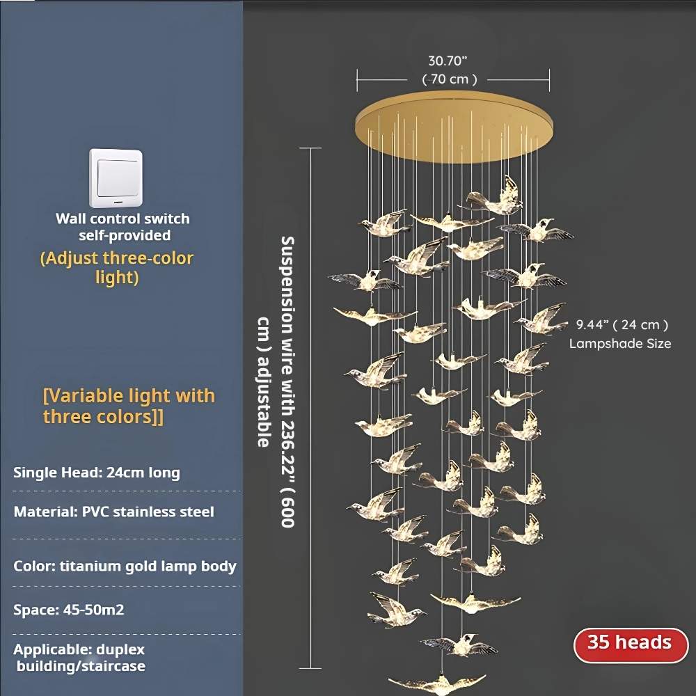 Bird Spiral Long Led Chandelier for Staircase and Foyer - Gold6 LightsCool white 6000KBlushlighting