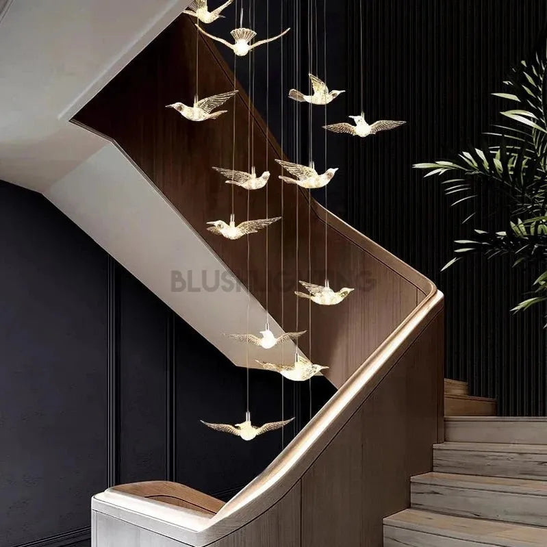 Bird Spiral Long Led Chandelier for Staircase and Foyer - Gold6 LightsCool white 6000KBlushlighting