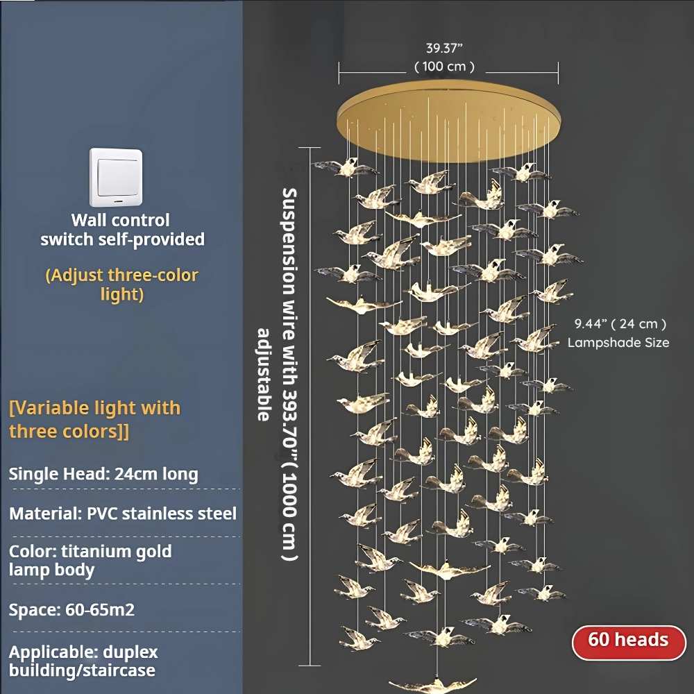 Bird Spiral Long Led Chandelier for Staircase and Foyer - Gold6 LightsCool white 6000KBlushlighting