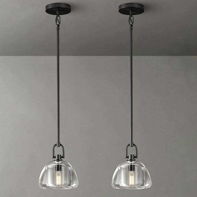 Black Glass 7" Pendant Light – Modern Kitchen Island Lighting, 2‑Piece Set with E12 Bulb - Black - D 7in - 2PCSBlushlighting