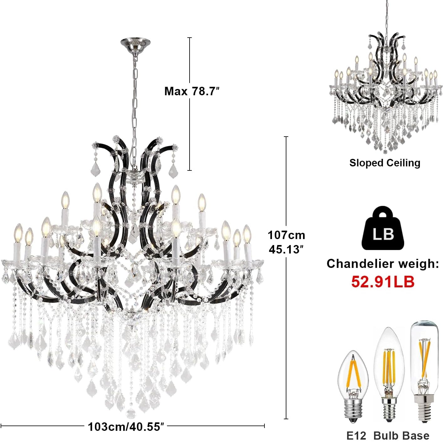 Black Large K9 Crystal Chandelier 18-Lighting Maria Theresa Chandeliers Luxury Modern High Ceiling Candle Chandelier Pendant Light Fixture 41" for Living Room, Dining, Foyer, Staircase, Entryway