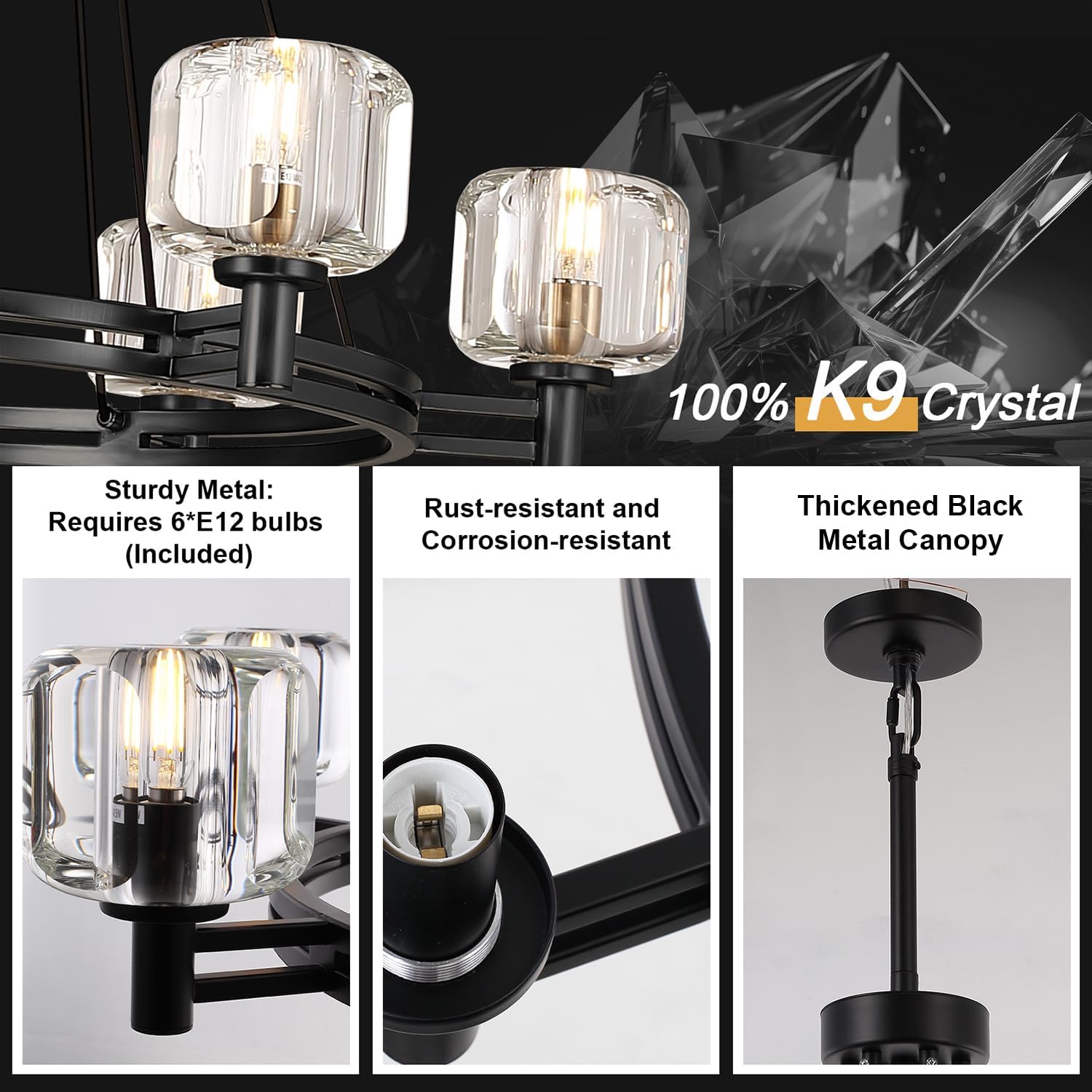 Black Round Crystal Chandelier, 36" K9 Crystal Chandeliers for Dining Room - Blushlighting