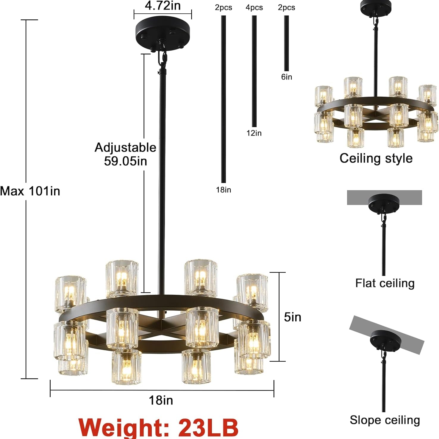 Black Wagon Wheel Chandelier 18" Modern Farmhouse 16‑Light K9 Fixture