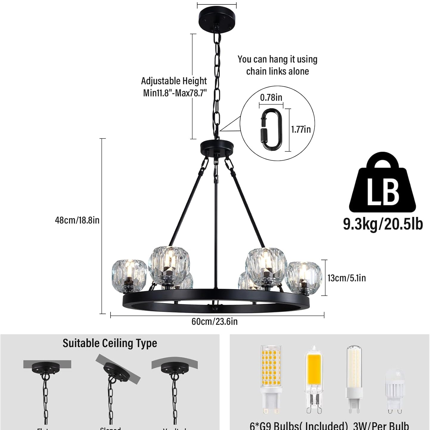 YUYI Black Wagon Wheel Crystal Chandelier 23-Inch 6-Light Farmhouse