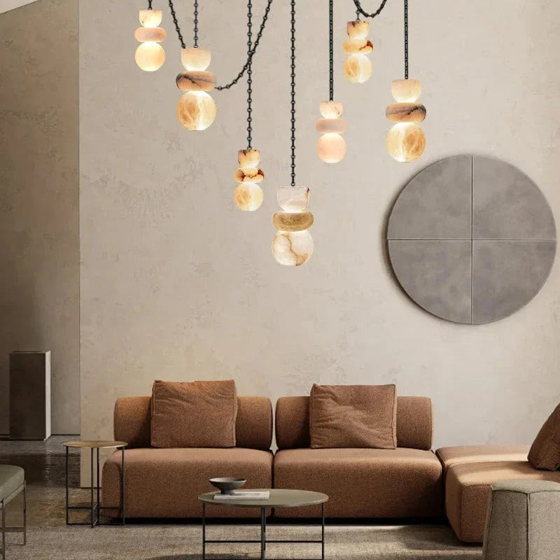 Blushlighting Ethereal Globe Pendant Light - Statement Alabaster - XL - 7 light - D10*2+D12*2+D15*3CM/D4"*2+D5"*2+D6"*3Warm LightBlackBlushlighting