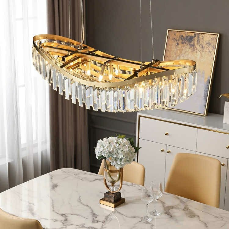 Boat Shaped LED Crystal Chandelier Oval Ceiling Light Fixture For Living/ Dining Room Table In Brass Finish - D31.5"*H13.4" / 12 LightsWarm LightBlushlighting