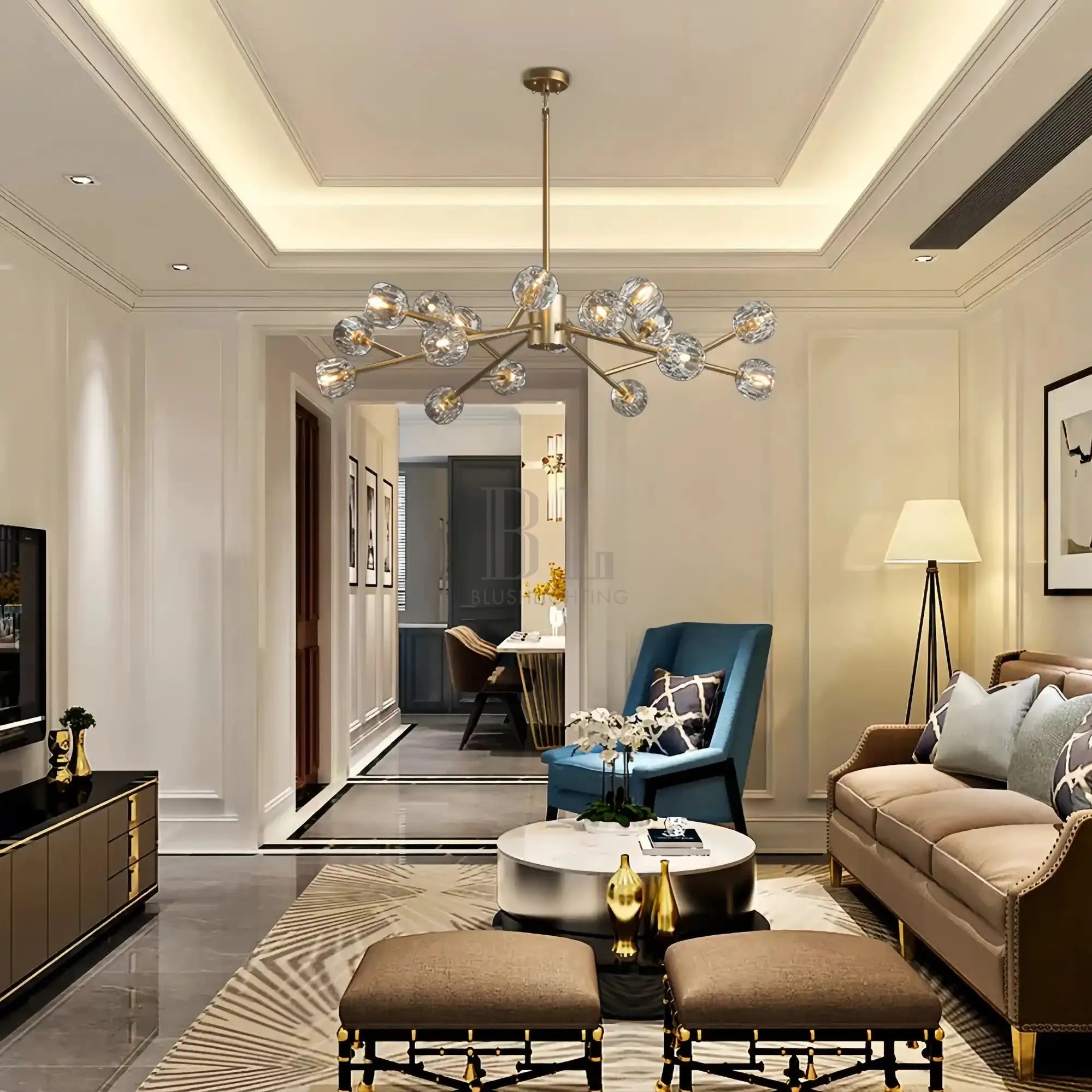 Bouble De Crystal Round Chandelier-Round 48'': 18-Light-Brass-Clear-Blushlighting