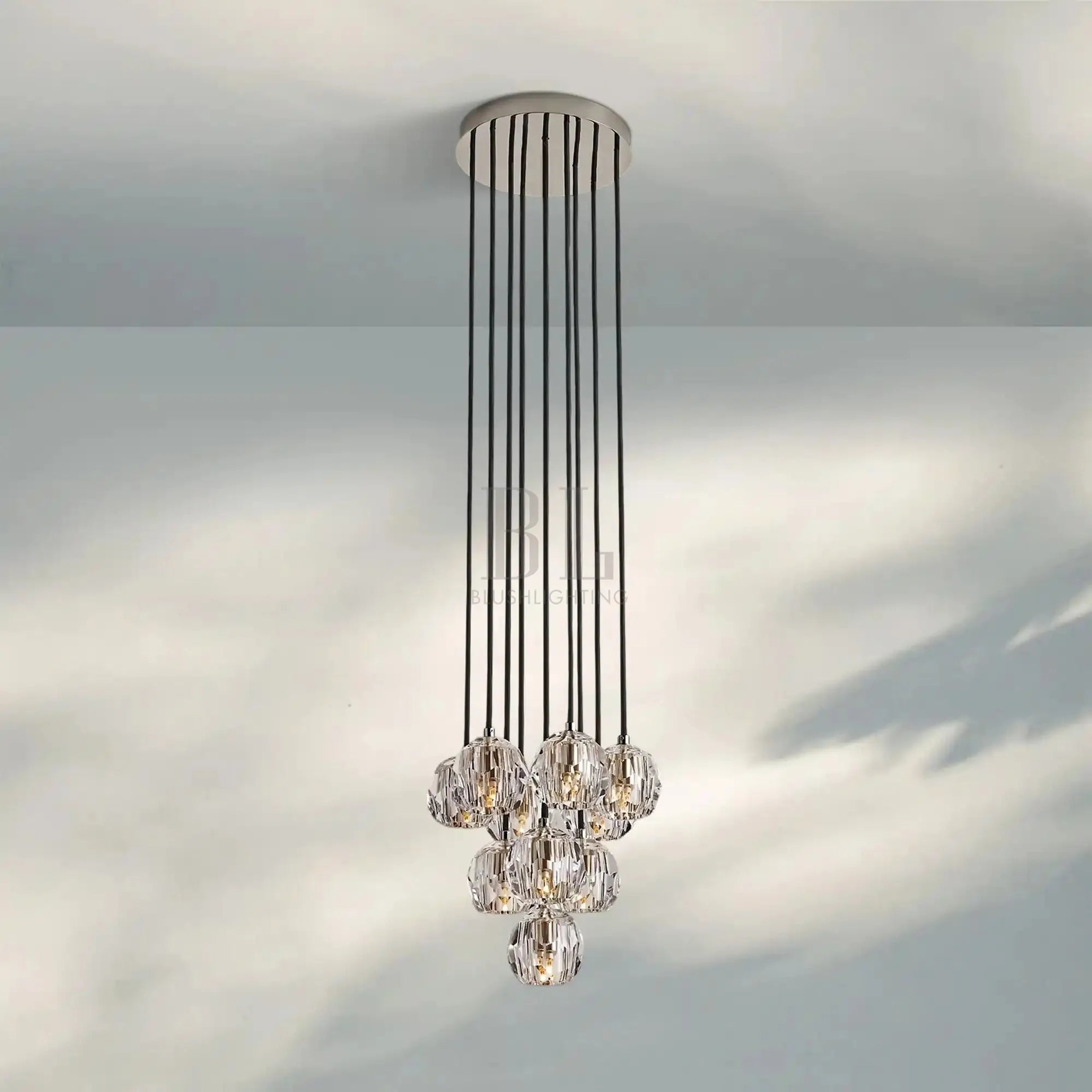 Bouble De Crystal Round Cluster Chandelier-Round: 14'' 10-Light-Clear-Polished Nickel-Blushlighting