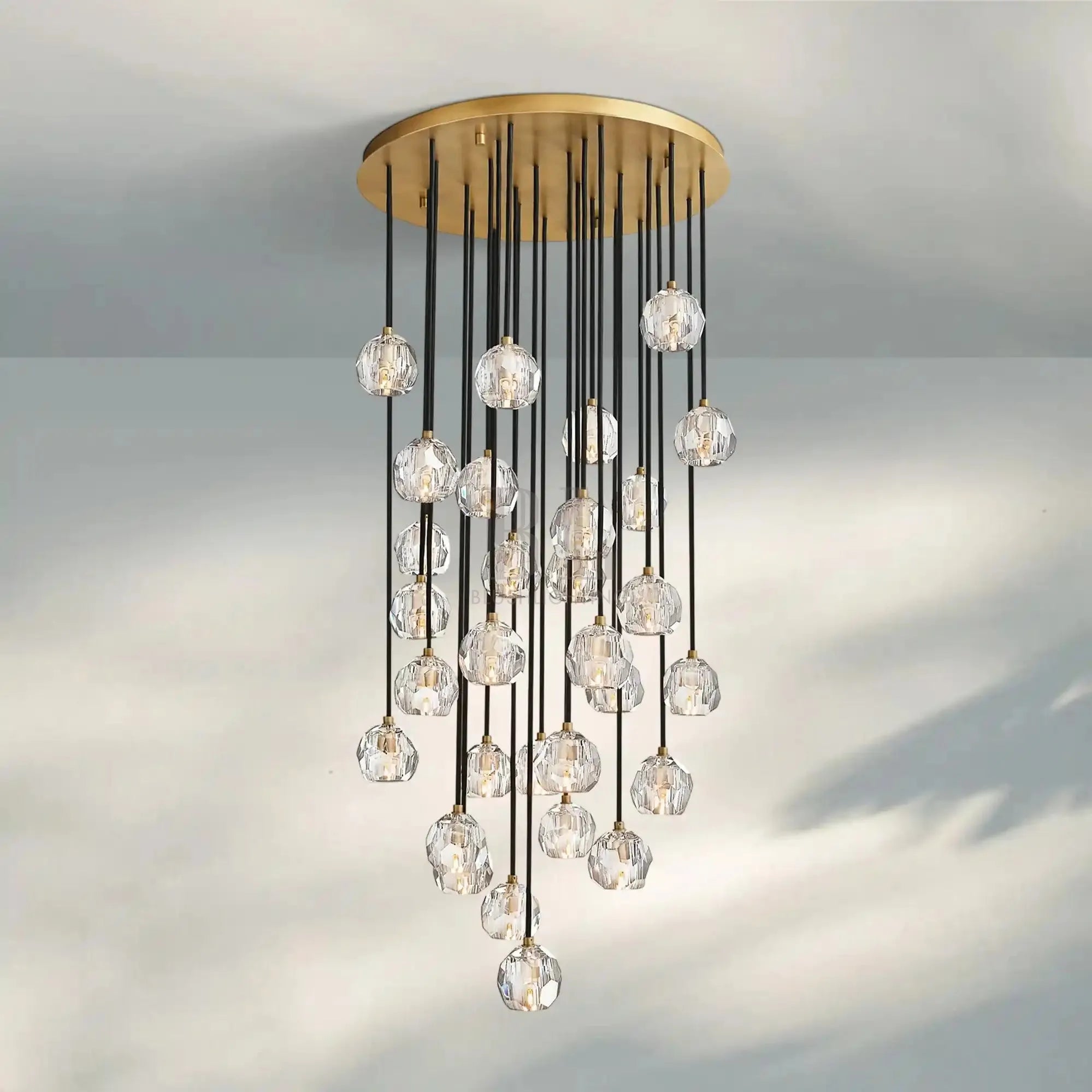 Bouble De Crystal Round Cluster Chandelier-Round: 30'' 30 Light-Clear-Lacquered Burnished Brass-Blushlighting
