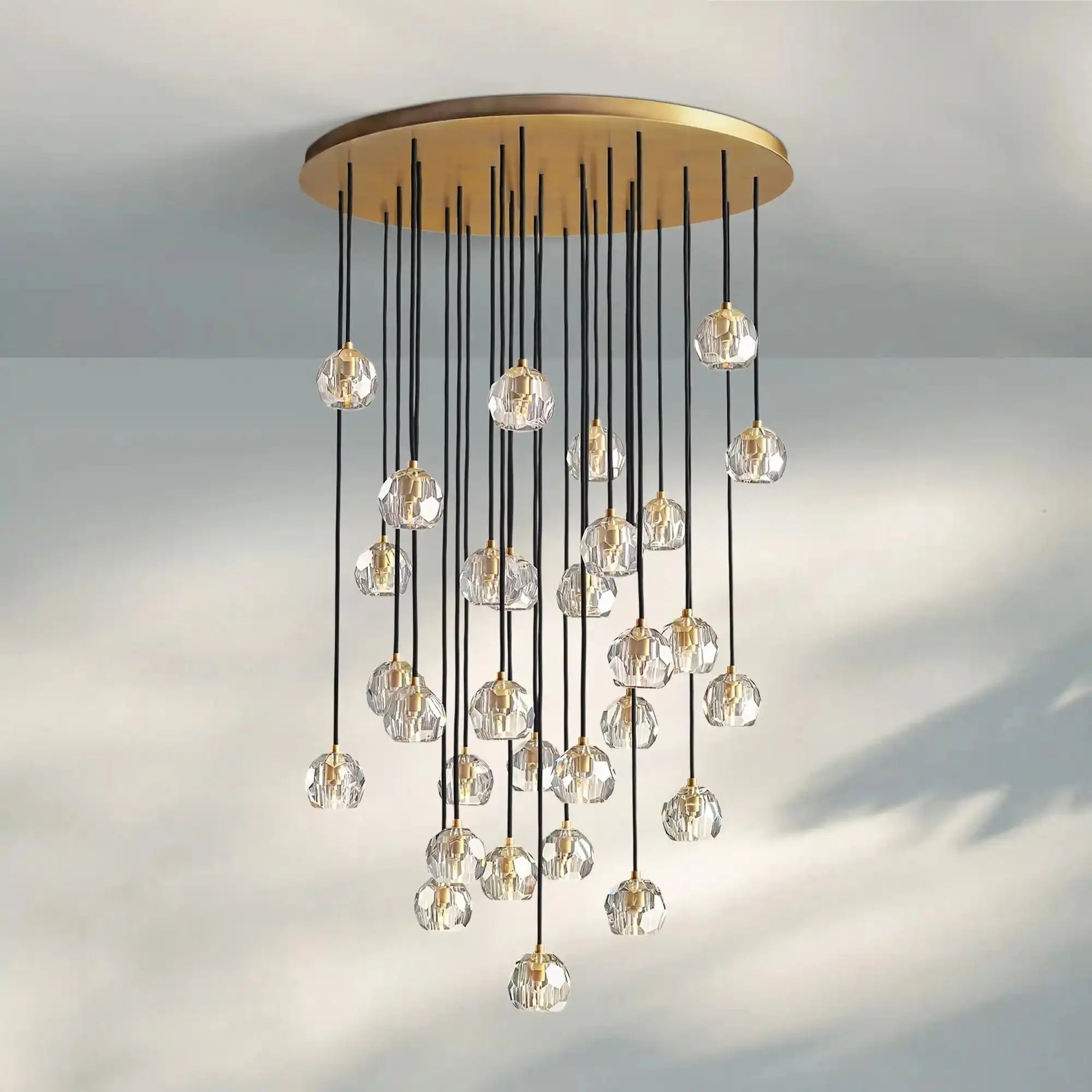 Bouble De Crystal Round Cluster Chandelier-Round: 40'' 30 Light-Clear-Lacquered Burnished Brass-Blushlighting