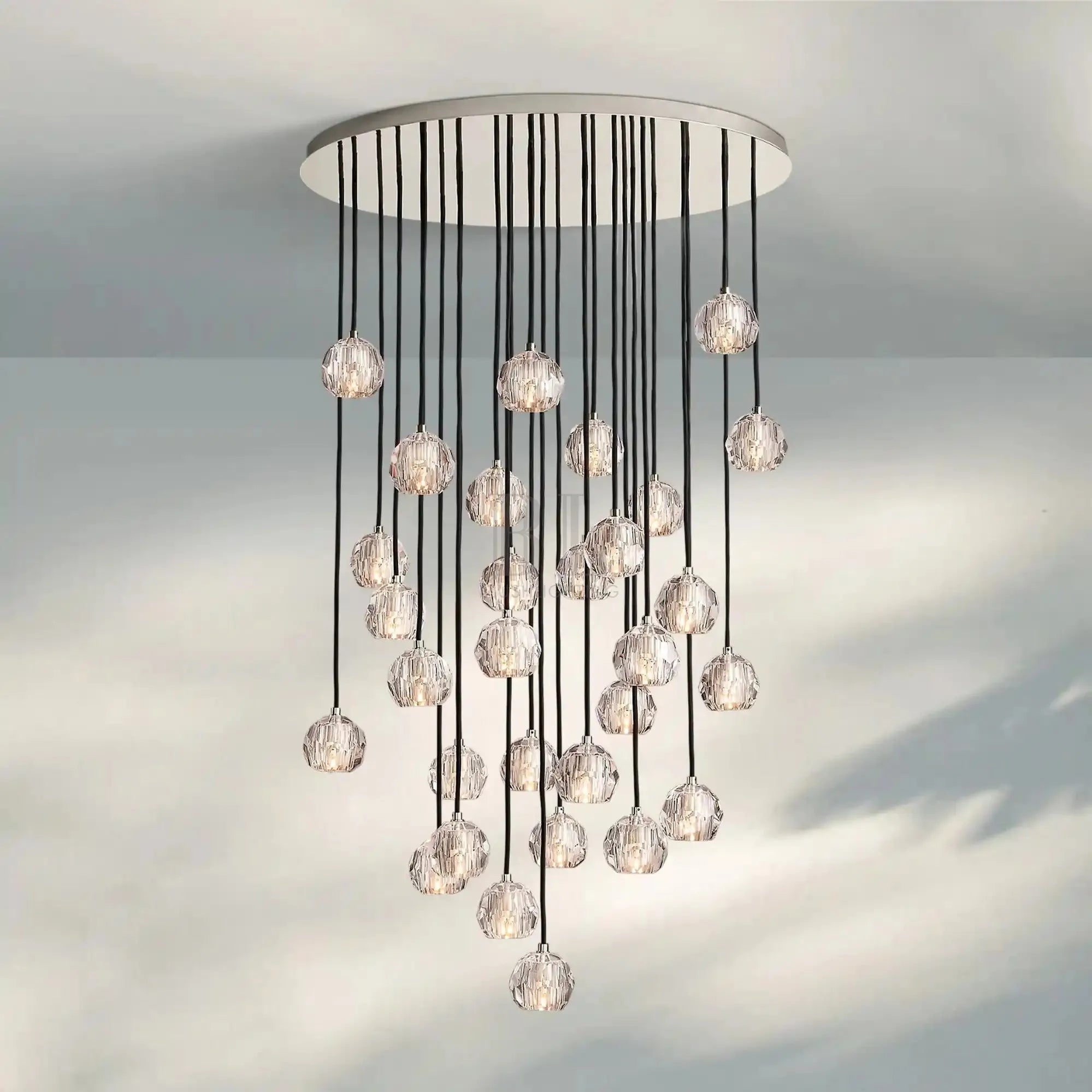 Bouble De Crystal Round Cluster Chandelier-Round: 40'' 30 Light-Clear-Polished Nickel-Blushlighting