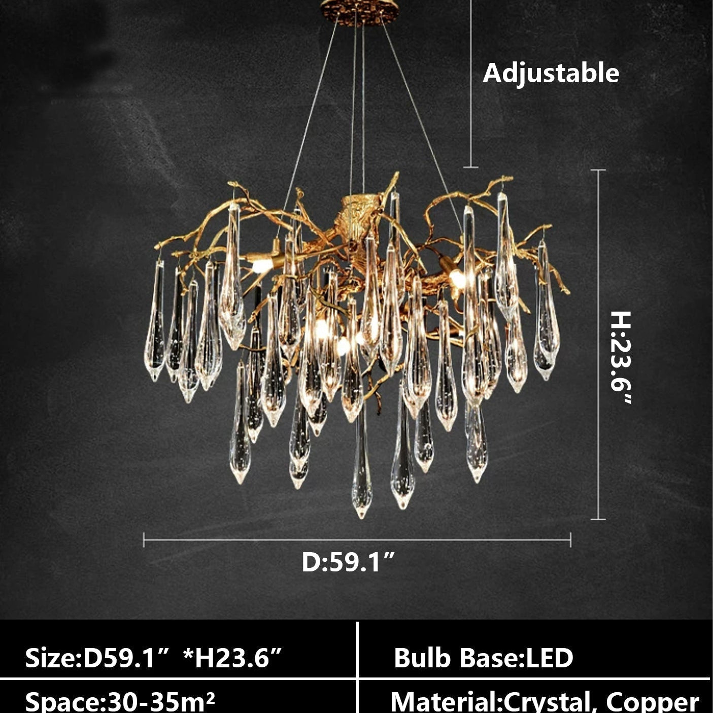 Branch Crystal Drops Chandelier in French Style with Copper Gold Finish for Dining and Living Room Ceiling-Chandeliers-Blushlighting