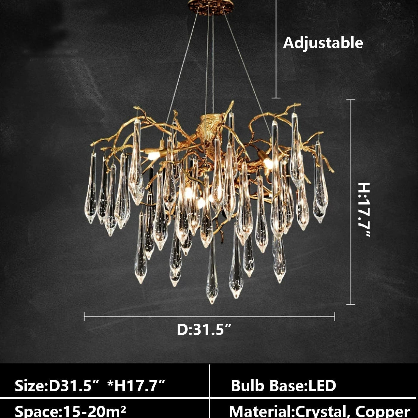 Branch Crystal Drops Chandelier in French Style with Copper Gold Finish for Dining and Living Room Ceiling - Round D23.6"*H15.8"/29.5kgWarm LightBlushlighting
