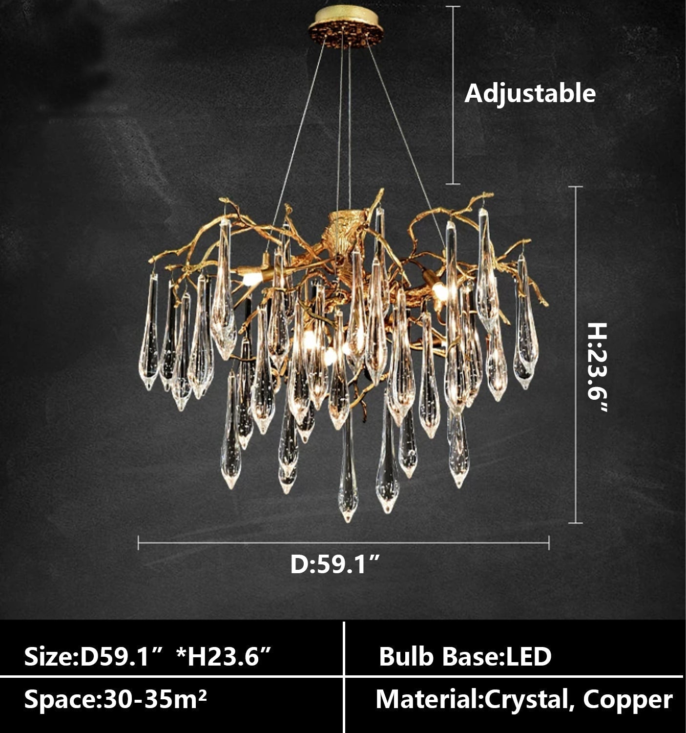 Branch Crystal Drops Chandelier in French Style with Copper Gold Finish for Dining and Living Room Ceiling-Chandeliers-Blushlighting