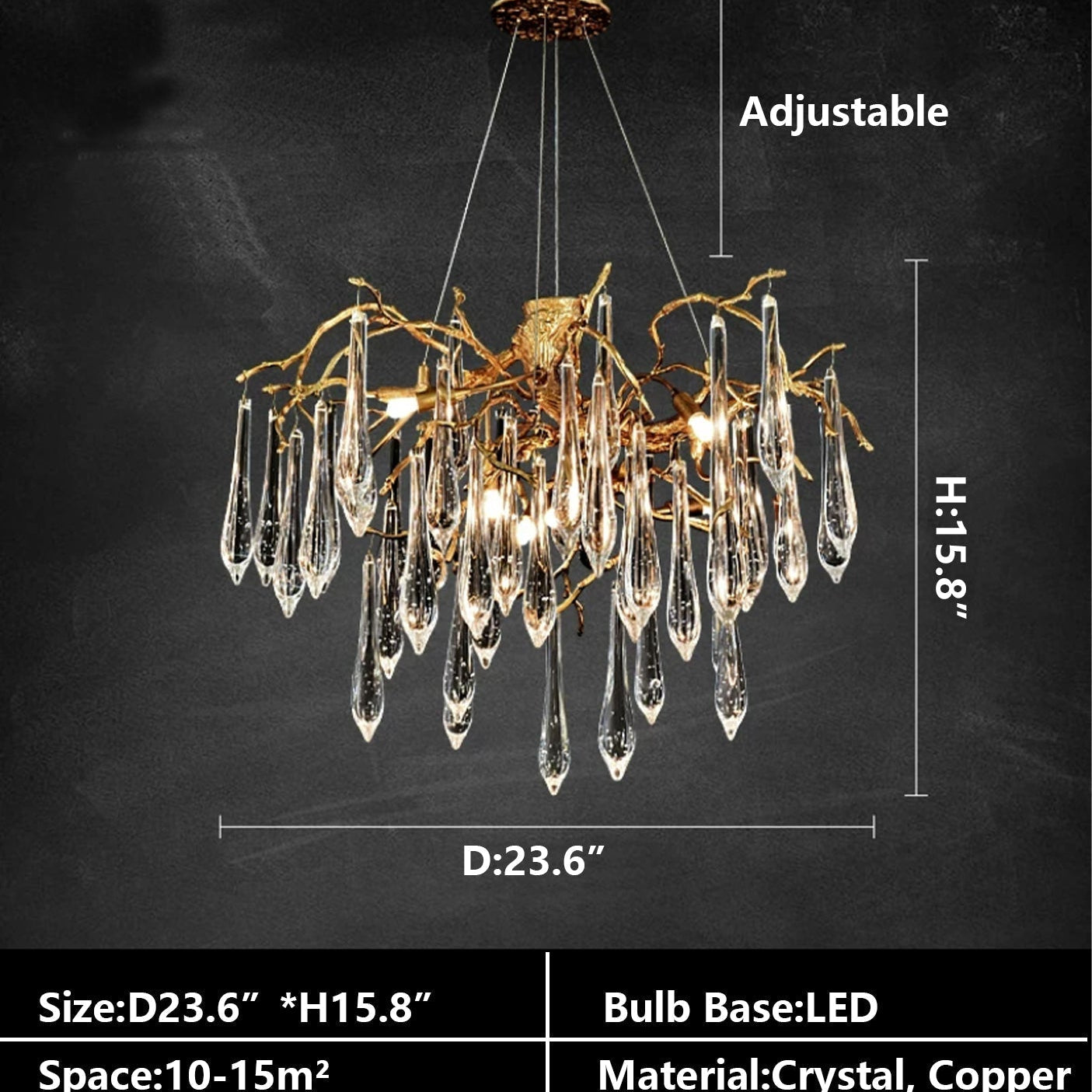 Branch Crystal Drops Chandelier in French Style with Copper Gold Finish for Dining and Living Room Ceiling - Round D23.6"*H15.8"/29.5kgWarm LightBlushlighting