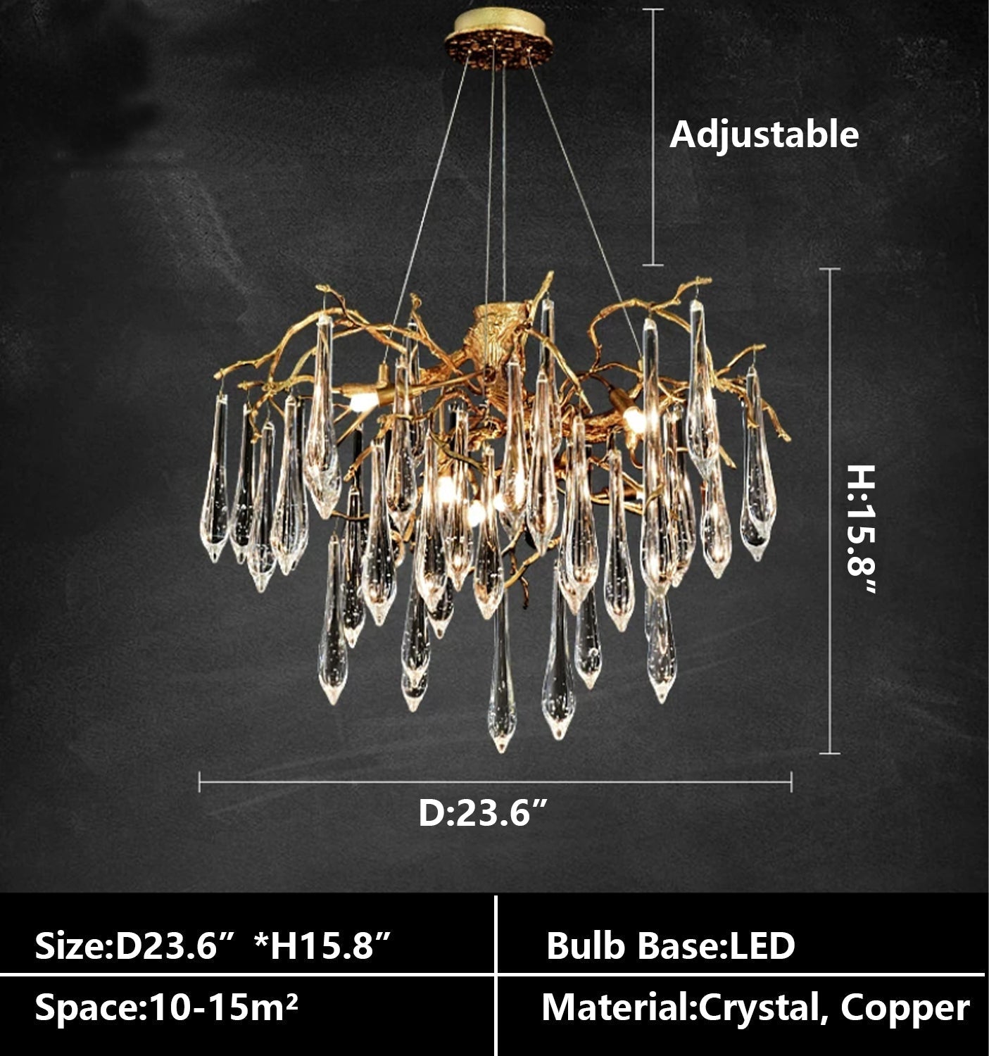 Branch Crystal Drops Chandelier in French Style with Copper Gold Finish for Dining and Living Room Ceiling-Chandeliers-Blushlighting