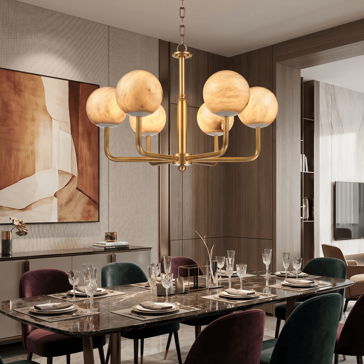 Brass 6-Arm Orb Alabaster Pendant Light - Blushlighting